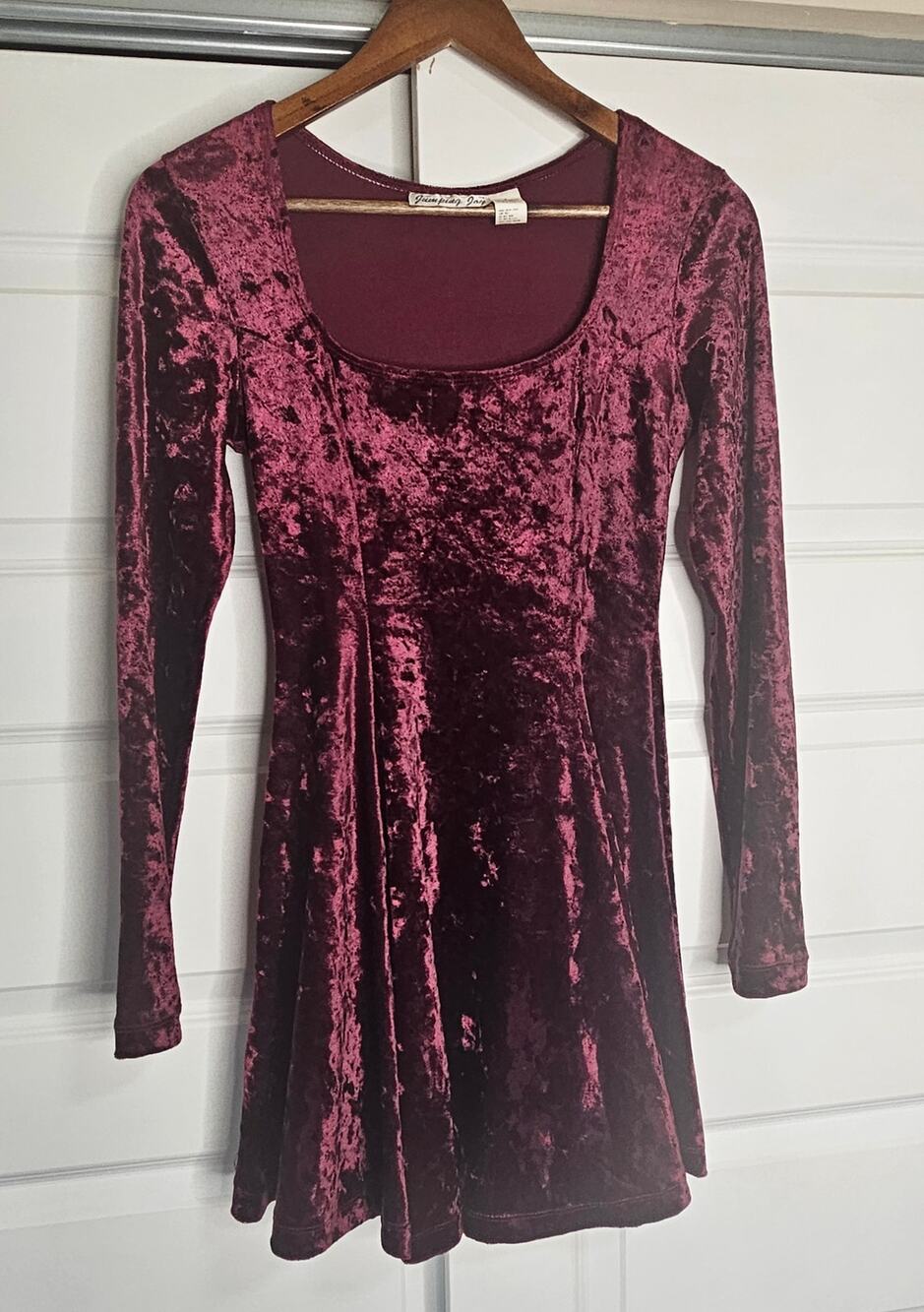 Jumping Joy Crushed Velvet Long Sleeve Skater Dress Burgundy Maroon Sz Small